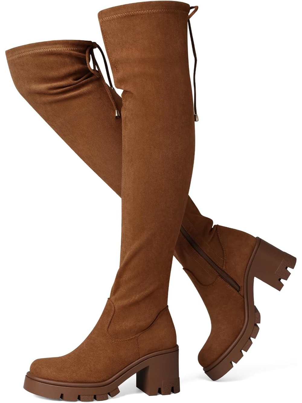 Women Brown Suede Side Zipper Over The Knee Chunky Platform Heel Thigh High Boot